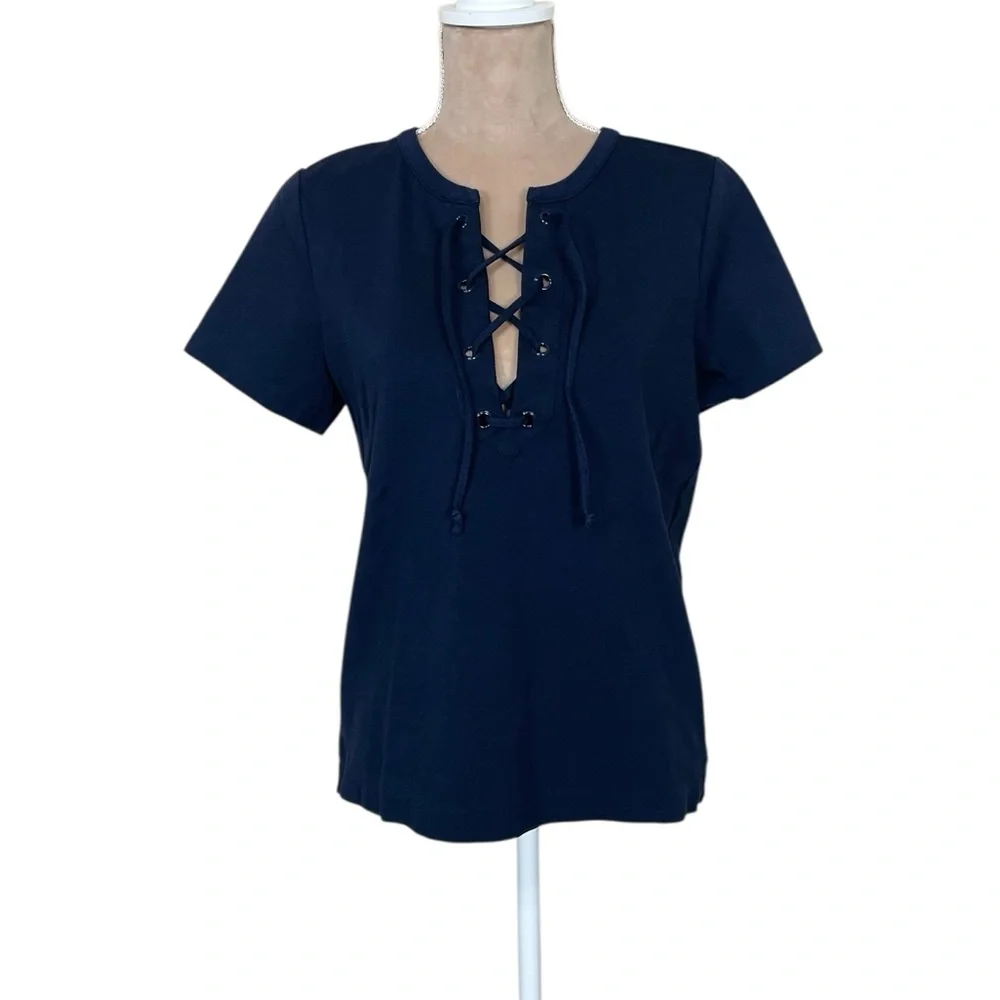 J. Crew Navy Lace-Up Short Sleeve Tee (G-1)